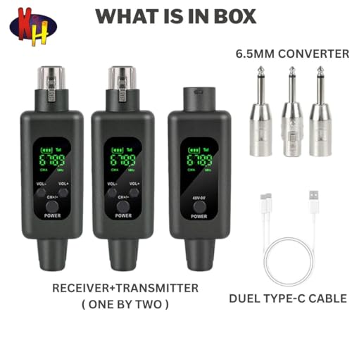Image of kh Professional Dual Wireless UHF Microphone System - 1 XLR Transmitter & 2 Receivers Kit for Dynamic & Condenser Microphones, Electric Guitar, Organ & Amplifier - Rechargeable Plug-and-Play