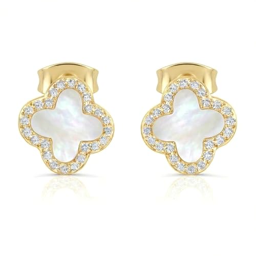 Clover Crystal Earrings for Women | 18K Gold Plated Lucky 4 Leaf Ear Studs | Four Leaf Cubic Zirconia Jewelry for Her (White Gold)