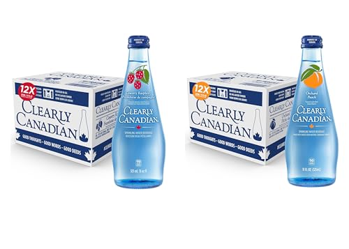 Image of Clearly Canadian Sparkling Flavored Water, 11 oz Glass Bottles - Variety of Refreshing Flavors, Premium Carbonated Beverage, Available in 12-Pack and 24-Pack Options (24 Pack, Raspberry /Peach)