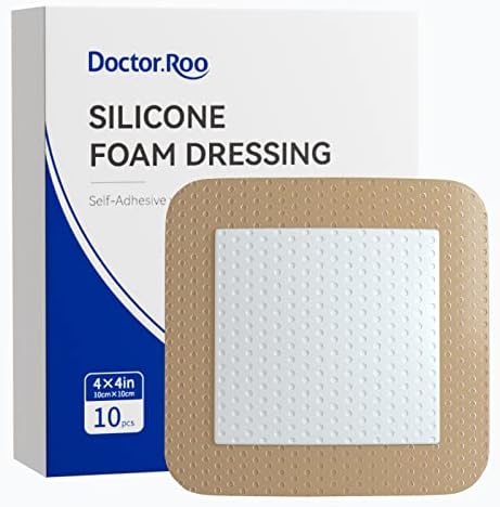 Silicone Adhesive Foam Dressing, Doctor.Roo 4″x4″ Waterproof Wound Dressing Bandage with Gentle Border for Surgical Wounds, Bed Sore, Leg Ulcers, Diabetic Ulcers, Acne Care, Blisters, Burns, 10-Pack