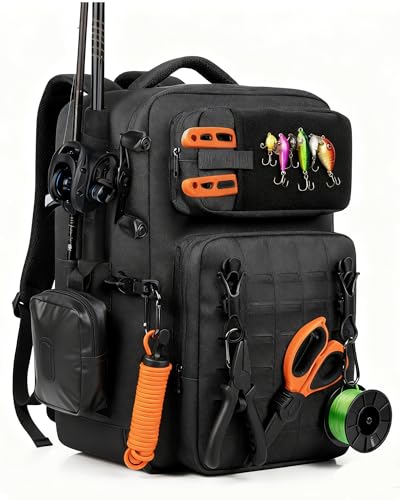 WEPLAN Mochila de pesca com suporte de vara, bolsa grande de 50 L para pesca, mochila militar impermeável para acampamento, presentes de pesca para homens, preta