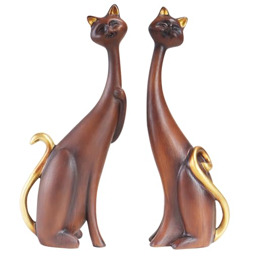 Resin Cat Statue Set of 2, Cat Couple Figurine as Wedding Gift, Retro Resin Cat Figurines, Vintage Cat Statues for Desktop Ornament, Love Symbol Abstract Cat Figurine (2 in Bronze Color, KY143)