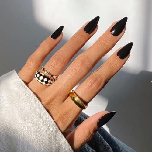 Black Press on Nails Almond Shaped Nails Press ons, Medium Fake Nails Almond Acrylic Nails Glue on Nail Medium Length False Nail for Women Thick Natural Gel Stiletto 24Pcs