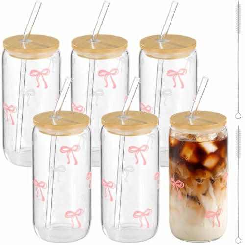 FELISTORY 6 Pcs Cute Glass Cups with Lids and Straws, 16 fl oz Pink Glass Cups Tumbler Iced Coffee Glasses for Women, Sister, Young Ladies, Bow Theme Party Favors - image 9