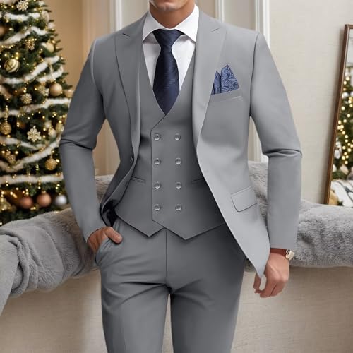 Mens 3 Piece Slim Fit Suit Set Double Breasted Blazer Vest Pants Formal Business Groom Tuxedo Dress3