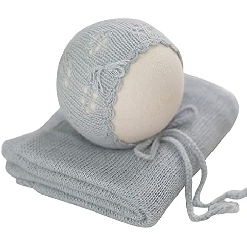 Baby Newborn Photo Props Set, Baby Newborn Wrap Blanket & Baby Hat, Newborn Baby Stretch Wrap Baby Photography Props Photo Blanket Background DIY Newborn Photo Shooting for 0-3 Months, Blue Cover