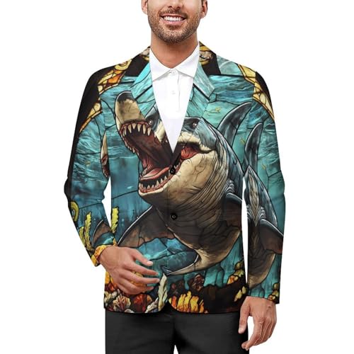 Glass Window Shark Megalodon Ocean Funny Suits Blazer for Men Business Jacket 2 Button Sport Coat Wedding Office