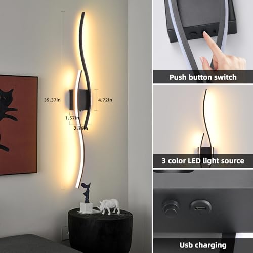 Image of Battery Operated Wall Sconces Set Of Two, 3000K-6500K 39.4 inch black LED dimmable wireless wall sconce with remote control, USB rechargeable wall lights for Living Room Bedroom Hallway Background