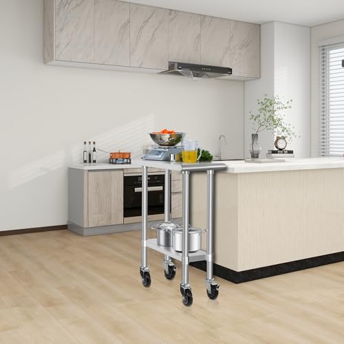 Image of HARDURA Stainless Steel Commercial Table Prep & Work Table with Casters Heavy Duty Metal Table with Wheels NSF 430 30x12 Inches