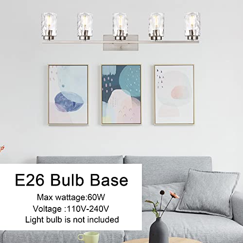 Image of Vanity Lights for Bathroom 5 Light Sconces Vanity Light Fixture Modern Brushed Nickel Wall Mount Lighting with Clear Hammered Shade,Wall Lights for Bathroom Living Room Makeup Dressing Table