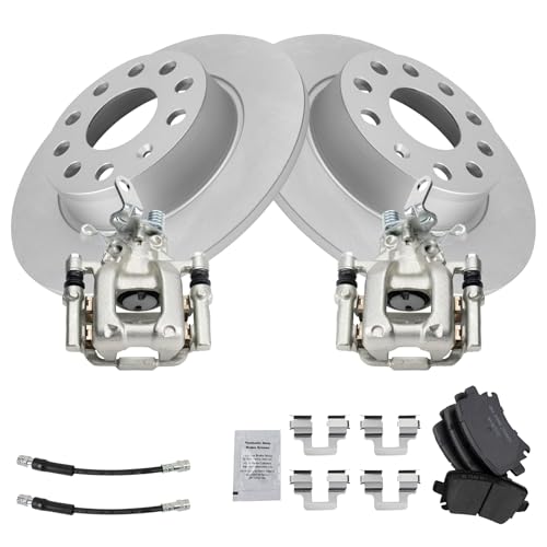 Image of TRQ Rear Brake Pad and Rotor Set Ceramic Coated Rotors Calipers Hoses Compatible with 2010 Volkswagen Jetta