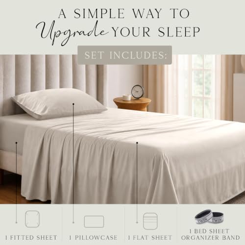 Image of KARISSA MAE Luxury Bamboo Viscose Twin Size Sheet Set | FSC Certified | Cooling | Ultra Soft | 18 inch Deep Pockets | Elastic Corner Straps | Includes Organizer Band [Dune]