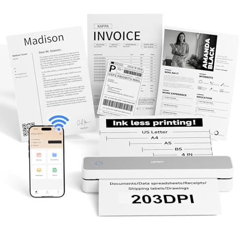 Image of HPRT MT610 Portable Printer Wireless for Travel, Inkless Thermal Printer for iOS /Andorid /Laptop, Support Thermal Paper & Labels,Supports 8.5 inchx 11 inchUS Letter & A4, A5 for Office /School /Vehicles Grey