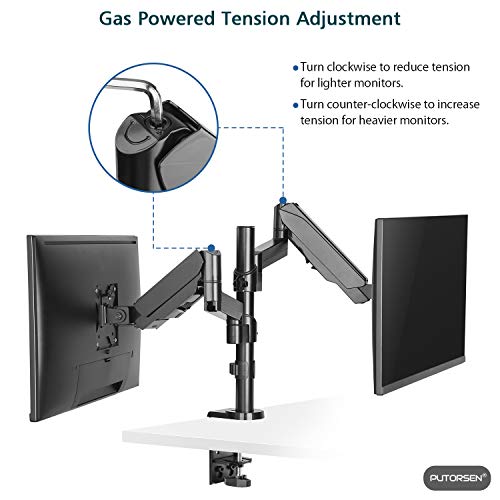 PUTORSEN® PC Dual Monitor Arm Stand Desk Mount Bracket with Ergonomic Height Adjustable(Gas Powered) Full Motion Double Arm Desktop Clamp Mount for 17-32 LCD LED Screens Max VESA 100x100mm up to 8kg