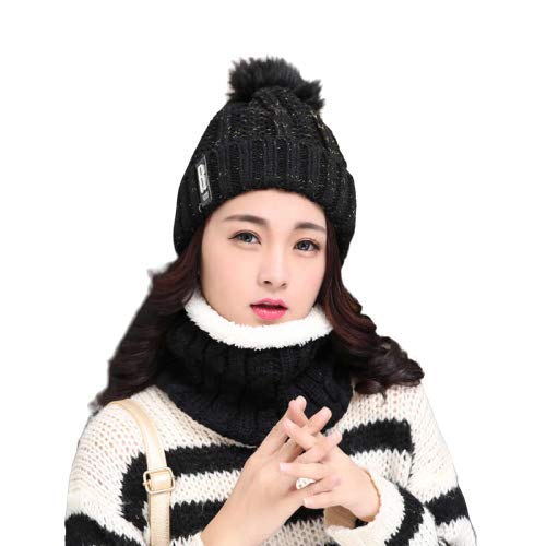 JMPWomen's Knit Scarf Beanie Hat 2PCS Set Fleece Lined Pom Skull Cap Scarves Soft Warm Winter Gift Set (Black,Freesize)