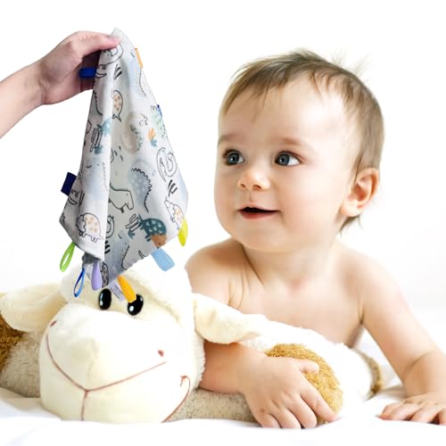 Image of CREVENT Tag Security Blankets for Babies, Soft Small Loveys for Girls, Baby Comforter Sensory Blanket, Great Gifts for Birthday Baby Shower 10 inchX10 inch (Dinosaur)