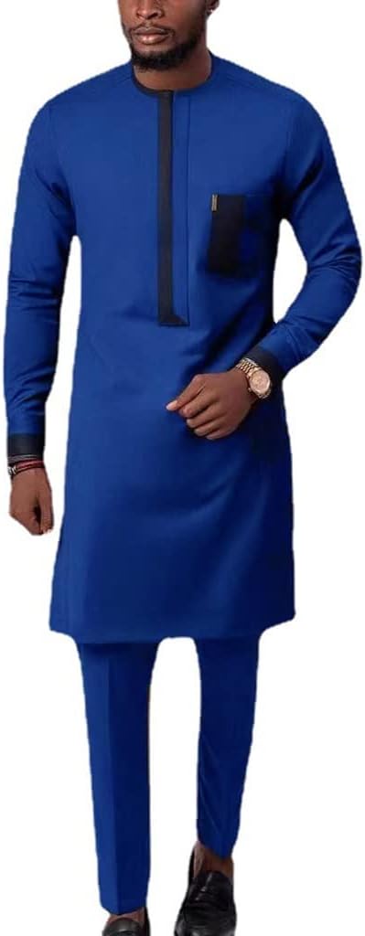 Men's African 2 Piece Set Long Sleeve Clothing Traditional Dashiki and Pants Outfit Slim Fit Jacket Top Shirt (Color : Blue, Size : Medium)