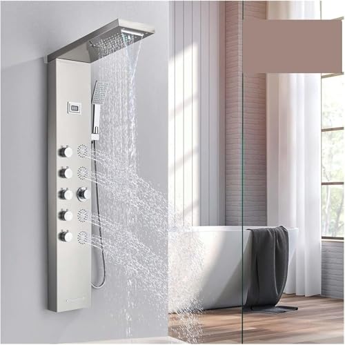 Shower Panel Waterfall Rain Shower Faucet Set Massage Jet Bath Shower Column Temperature Display Mixer Tap Tower(Black F)