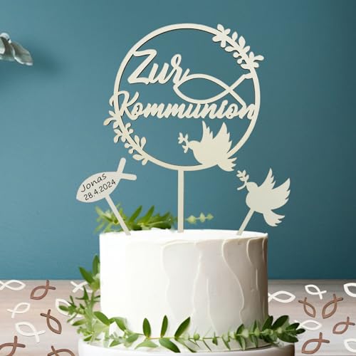 Tortendeko Kommunion - 3 Stück Cake Topper + 48 Stück Holz Fische Streudeko Tischdeko Kuchen Deko Torte Tortenstecker Set für Erstkommunion Junge Mädchen