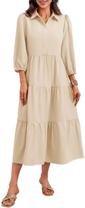 Wenrine Womens 3/4 Sleeve Casual Shirt Dress Button Down V Neck Tiered Collared Flowy Maxi Dress Beige - Image 2