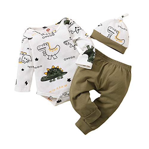 Image of Tikoubabe Baby Boy Clothes Infant Stuff Cute Knit Ribbed Romper Outfits + Long Pants + Hat 3 Pcs Dinosaur White Green 3-6 Months