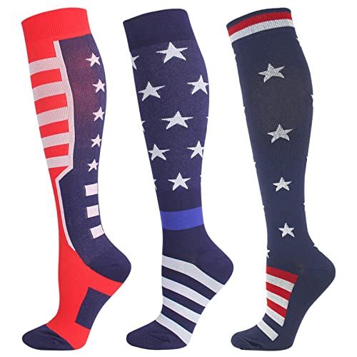 Junely American Flag Compression Socks Patriotic Knee High Socks for 4th of July Running Athletic Nurses Pregnant Women Work Support Travel Flight Sports Gifts Red White Blue