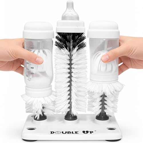 Image of Double Baby Bottle Cleaning Brush Set with Suction Base - Cleans Two Bottles at Once - Includes Nipple Cleaner Brush - High Density Bristles, Dishwasher Safe - Baby Gift & Newborn Essential