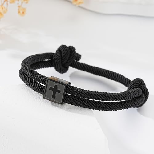 Image of Cross Bracelet for Boys Men- Adjustable Rope Bracelet Christian Religious Jewelry Gifts Ideas for Teen Boys Kids
