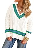Saodimallsu Womens V Neck Cable Knit Sweaters Long Sleeve Color Block Preppy Sweater Fall Loose Casual Pullover Tops White