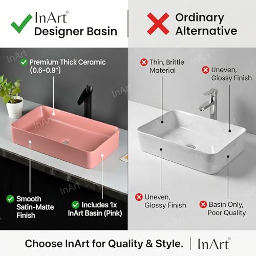 Image of InArt Wash Basin: Designer Counter Top Bathroom Sink - Vanity Wash Basin for Bathroom, Table Top Wash Basin 62 x 35 x 12 cm (Pink)