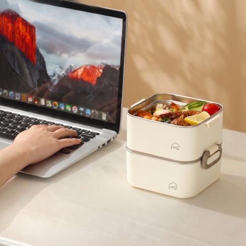 Image of House of Quirk 304 Stainless Steel Lunch Box, 2 Containers with 1 Divider Container, Insulated Lunch Bag & Spoon, Leakproof Bento Tiffin Box for Office, School & College, BPA Free (Beige)