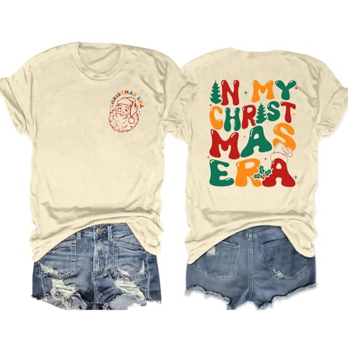 VVNTY Christmas T Shirts Women Xmas Snowflake Print Shirt in My Merry Era Graphic Short Sleeve Tees (Beige1,XL)