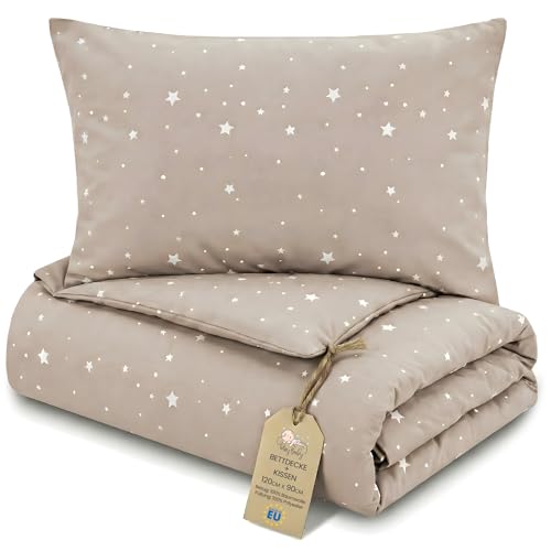 Totsy Baby Toddler Duvet Pillow Set 90x120 cm Quilt 40x60cm Cushion - Coton Lightweight Breathable Bedding Insert for Cot Nursery Travel Cots bed Insert Only 90 x 120 Oeko-tex Beige with white stars