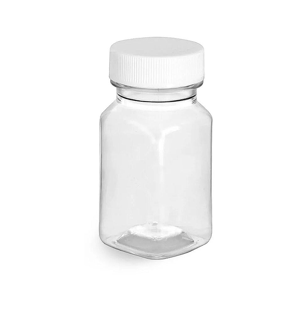 2 oz Plastic Bottles, Clear PET Square Bottles with White Ribbed Caps