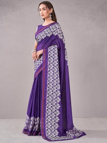 Image of Satrani Women's Silk Printed Saree with Unstitched Blouse Piece