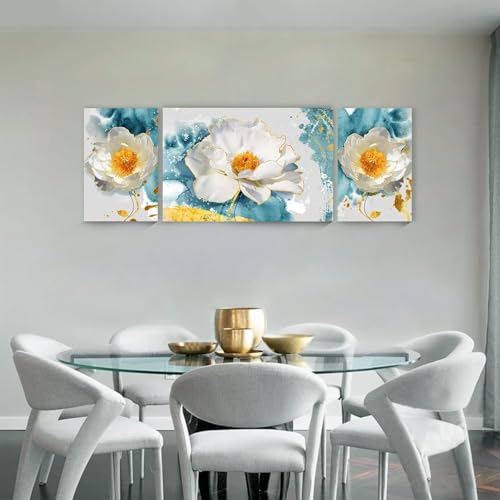 SERIMINO Peony Flower Canva Wall Art for Living Room, Modern White Blossom Artwork Blue Floral Picture Wall Decor for Bedroom Bathroom Kitchen Dining Room Prints Paintings for Home