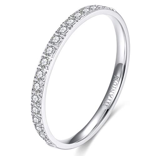 TIGRADE 2mm Women Titanium Eternity Ring Half Cubic Zirconia Anniversary Wedding Engagement Band