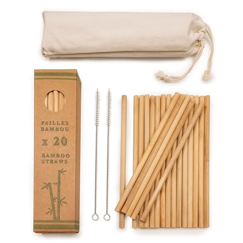 Lot de 20 Pailles réutilisables en Bambou naturel, Qualité premium, Longueur 20 cm, avec 2 Goupillons de nettoyage et un Sac de rangement