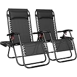 Yaheetech Zero Gravity Chairs Outdoor Adjustable Folding Sunloungers Lounge Recliners w/Pillows, Cup Holder and Carry Strap for Patio Porch Deck Black Set of 2