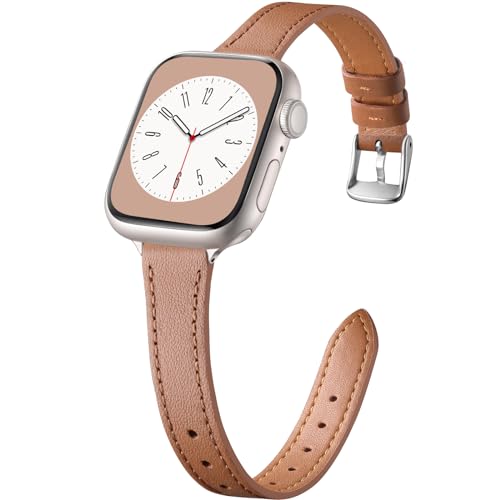 CeMiKa Schlankes Lederarmband Kompatibel mit Apple Watch Armband 38mm 40mm 41mm 42mm, Echtes dünnes Leder Ersatzband für Apple Watch SE3 SE/iWatch Series 11 10 9 8 7 6 5 4 3 2 1, Frauen Männer, Braun