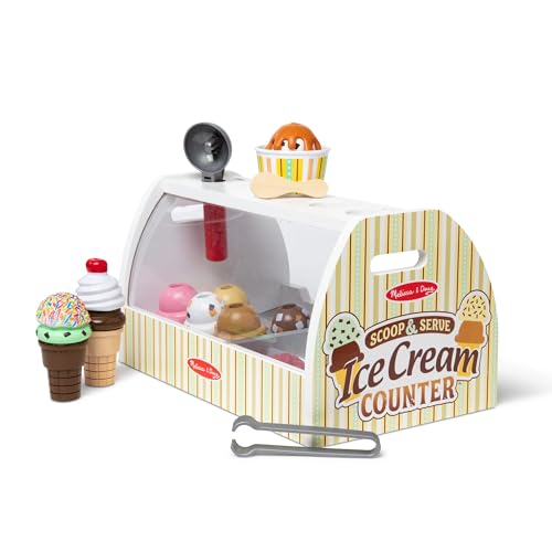 Melissa & Doug - Eisdiele aus Holz, 28-teilig, Für das Eisdielen-Rollenspiel mit 8 Sorten Eiscreme, Eistüten und Eisbecher, Spielgeld inklusive, Für Kinder ab 3 Jahren