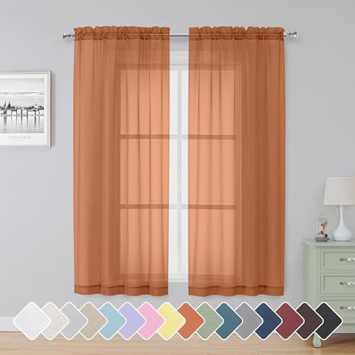 Image of Simplebrand Orange Sheer Curtains 63 Inch Length 2 Panels, Rod Pocket Solid Color Window Sheer Curtain Panels, Elegant Curtains & Drapes for Living Room, Bedroom (42 inch W x 63 inch L)