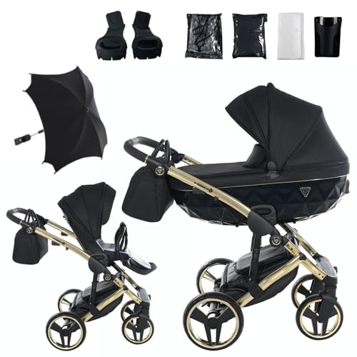 Junama Kinderwagen Diamond S 02 Schwarz und Golden - 2in1 3in1 4in1 mit Sonnenschirm (2 in 1 mit Adaptern)