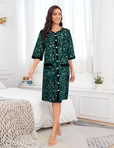 Image of Bloggerlove House Dress Women Cotton Snap Front Nightgown 3 /4 Sleeve Housecoat Duster Robe with Pockets Moomoo Patio Dress