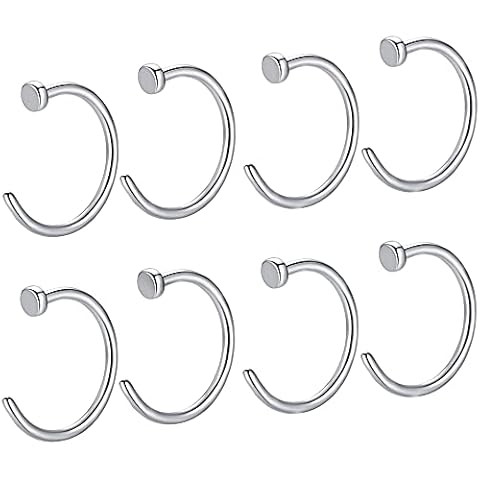 Popuhoops 8pcs 316l Surgical Steel 20g 8mm Faux Fake Open Hoop Nose Rings 20 Gauge 8mm Nostril Piercing Jewelry Silver Stainless Steel Lip Septum Body Jewelry for Women Men Cover