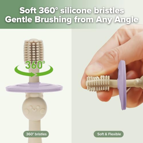 Image of haakaa 360 Baby Toothbrush with Suction Base - Beige + Lavender