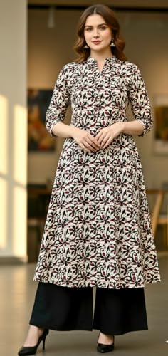 Image of CREATION & YOU Women Cotton Printed Kurta with Palazzo Set | Work /Office Wear Kurta Set for Women
