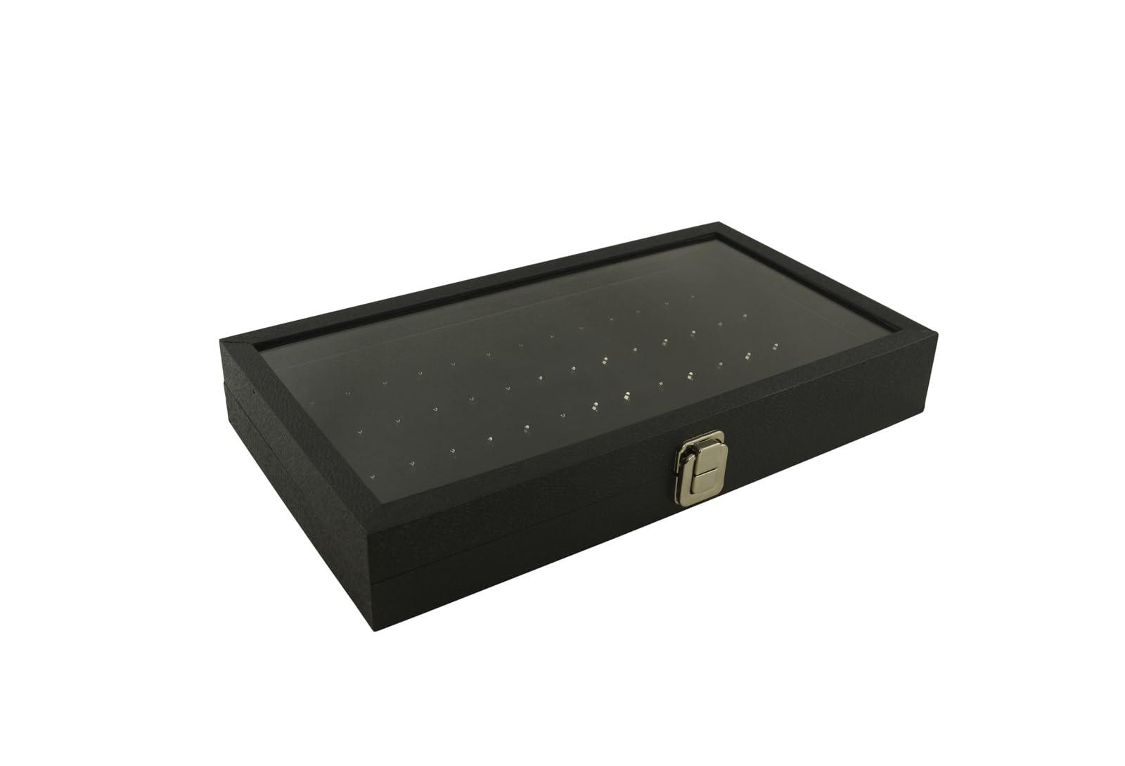 Box Displays Taca ekspozycyjna do przechowywania zatrzaskowa szklana pokrywa z możliwością wyboru wkładki – organizer do przechowywania biżuterii (etui z 54 wycięciami podkładką na biżuterię do ciała
