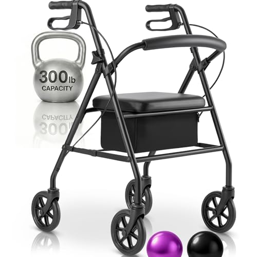 Vive Mobility Steel Rollator Walker with Seat - Foldable, Narrow, Rolling Senior Walker for Small Spaces - 4 Wheel Lightweight Adult Easy Drive with Underseat Storage, Adjustable Height (Black)