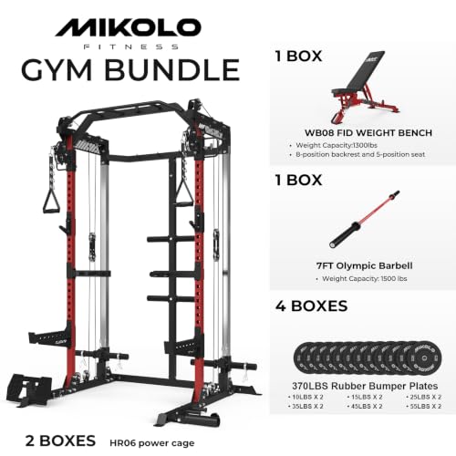 Image of Mikolo HR06 Power Cage with Aluminum Pulleys, 2000LB Power Rack with Independent Dual Pulley System, Multi-Function Home Gym Workout Machine for Cable Crossover